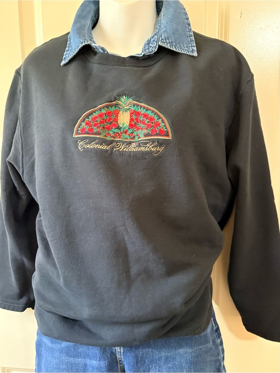 World Jerseys Sweaters - Blue sweatshirt with Pineapple Embroidery, colonial Williamsburg, size large